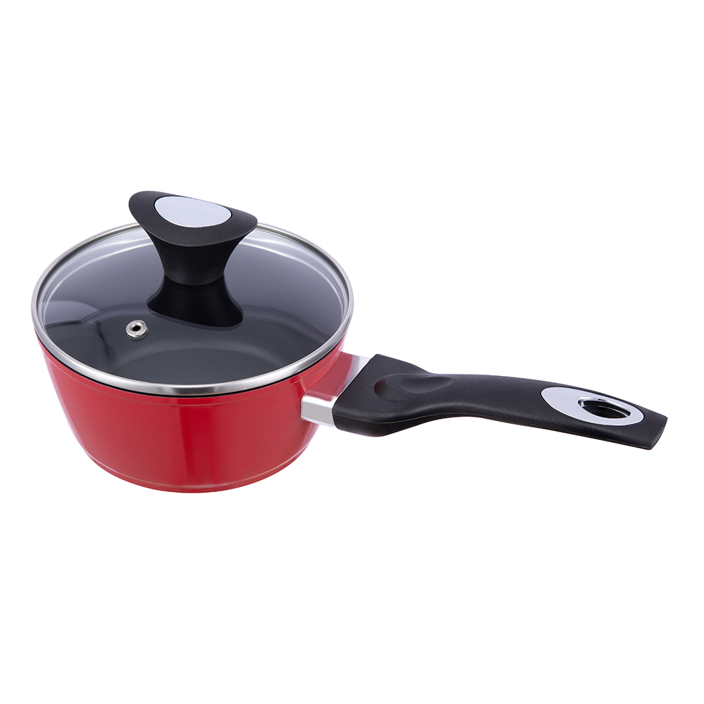 Pentola in alluminio antiaderente nero/rosso 16*7,5 cm con coperchio in vetro JY-RF29-1-1675