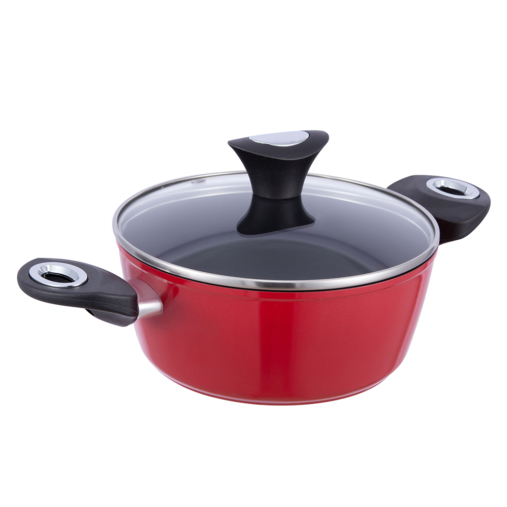 Pentola in alluminio antiaderente nero/rosso da 20*8,5 cm con coperchio in vetro JY-RF29-1-2085
