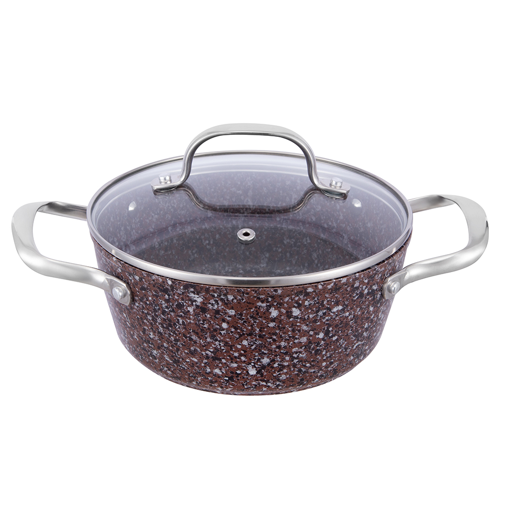 Pentola in alluminio antiaderente rivestita in granito da 20 * 8,5 cm con coperchio in vetro JY-HGYG-1-2085